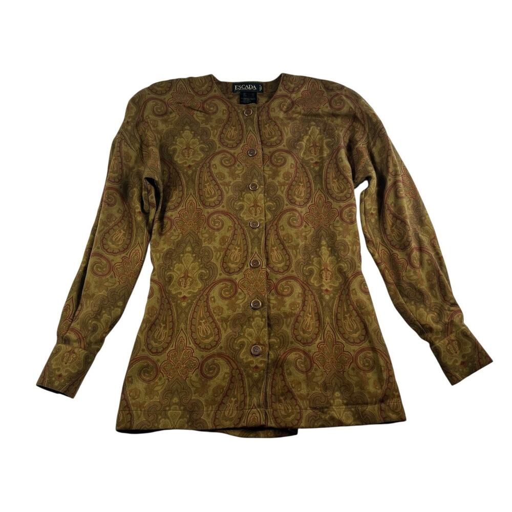 Escada 34 US S Top Blouse Gold Paisley Wool Silk Shirt Margaretha Ley Designer